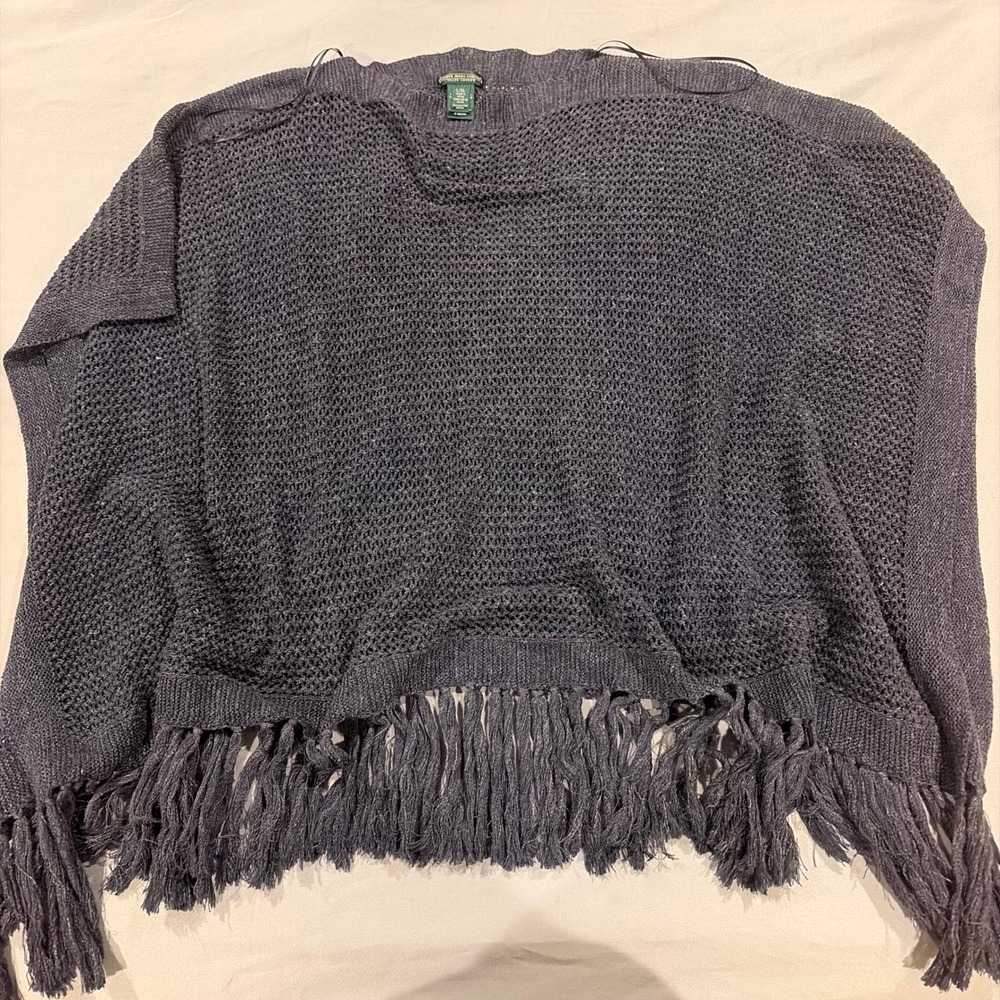 Lauren Ralph Lauren Gray Knit Fringe Poncho Sweater L/XL Cotton Open Weave